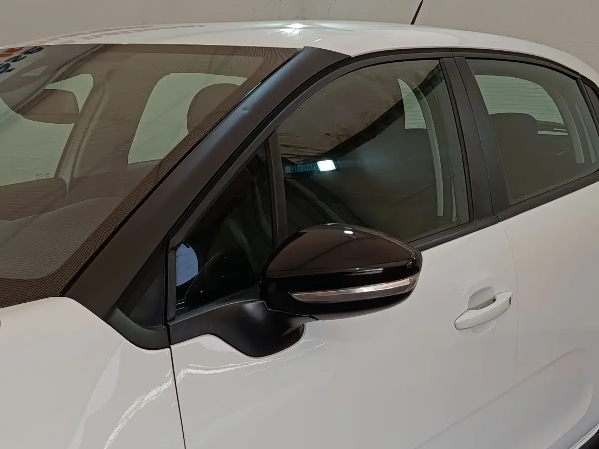 Vue rapprochée du côté gauche d'une Citroën C3 blanche avec rétroviseur noir et poignée de porte visible.