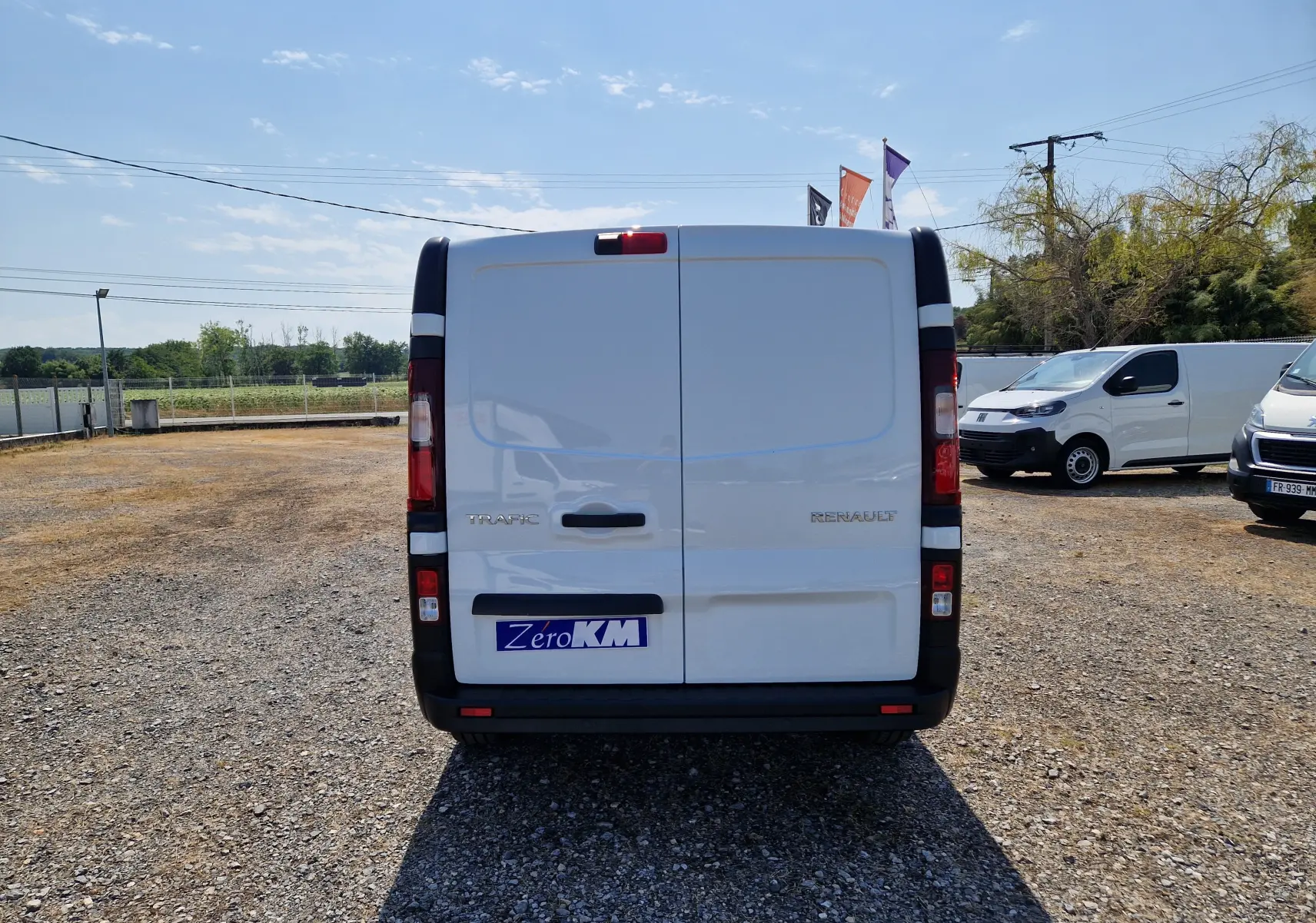 Vue arrière d’un Renault Trafic Fourgon blanc 2026, avec portes battantes et feux arrière verticaux distinctifs.
