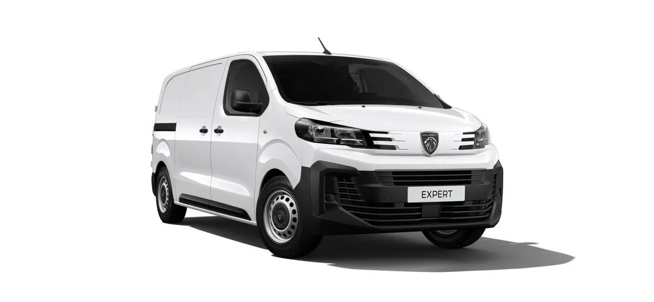 Vue 3/4 avant droite d’un Peugeot Expert Fourgon blanc 2025 avec pare-chocs noir et jantes acier.