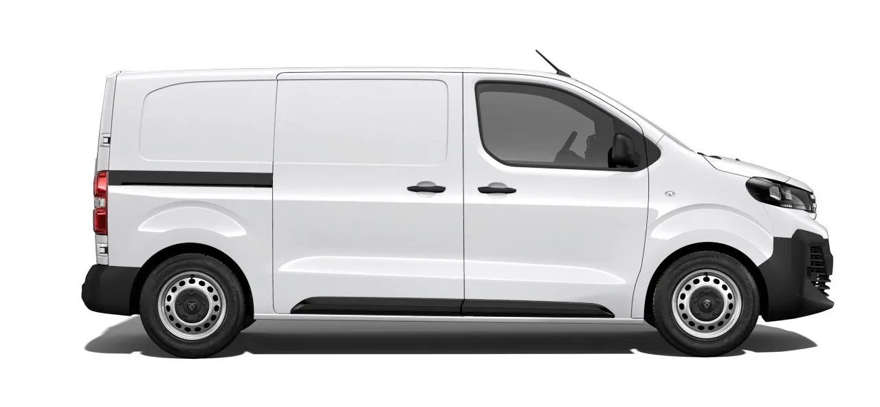 Vue latérale droite d’un Peugeot Expert Fourgon blanc 2025, version M 1.5 BlueHDi 120 ch Premium, avec jantes acier et protections noires.