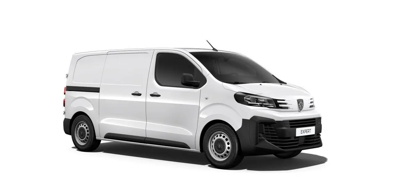 Vue 3/4 arrière droite d’un Peugeot Expert Fourgon blanc 2025 avec bande noire latérale et jantes acier.