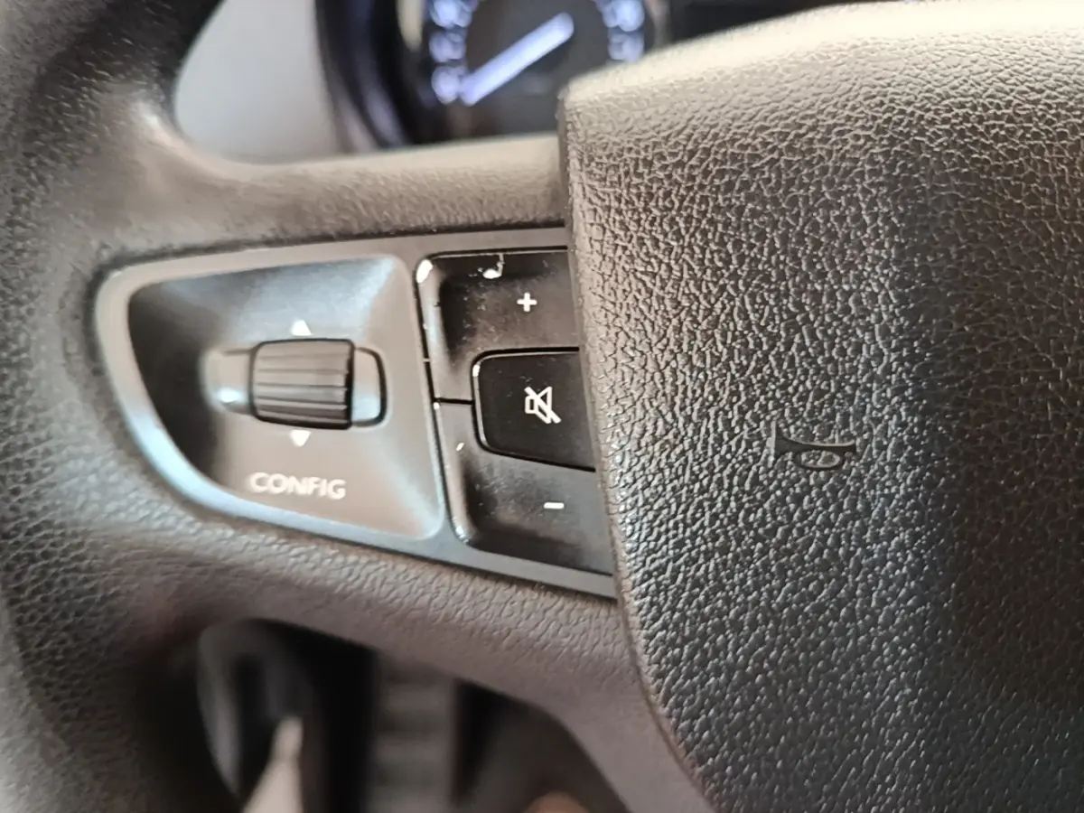 Gros plan sur les commandes gauche du volant noir du Peugeot Expert Fourgon 2020, boutons volume et configuration.