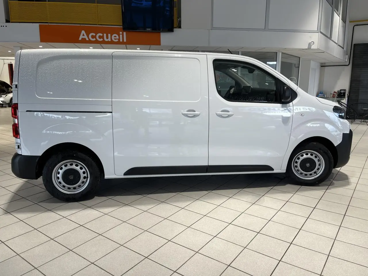 Vue latérale droite d’un Peugeot Expert Fourgon blanc avec roues tôles grises et poignées de porte assorties.