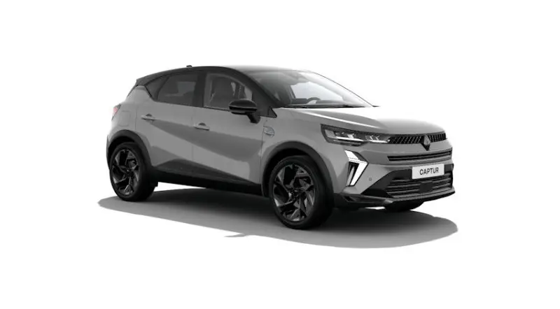 Renault Captur esprit Alpine hybride 2026 gris clair, vue 3/4 avant droit avec jantes noires et toit noir.