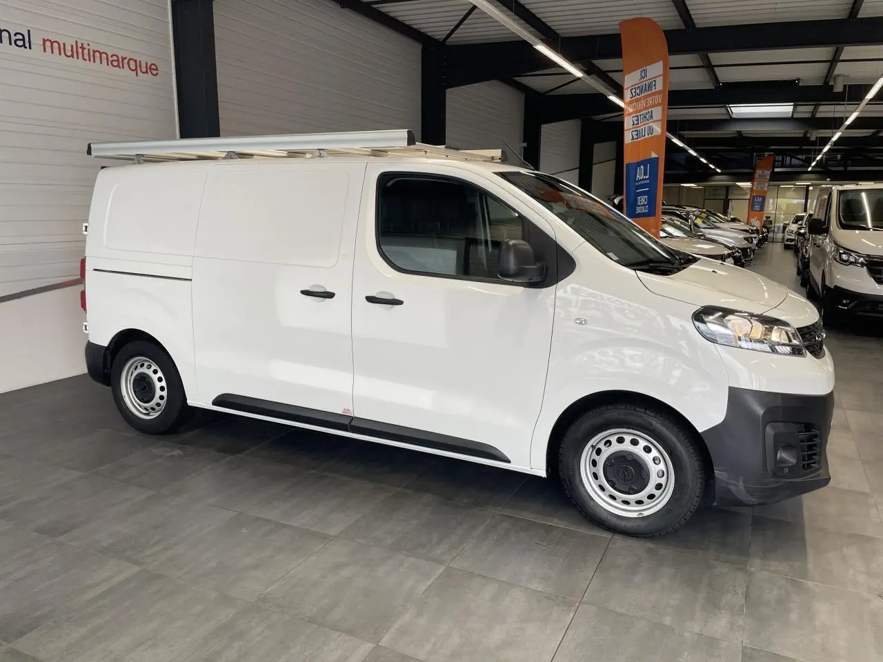 Opel Vivaro blanc en vue de profil côté gauche, fourgon utilitaire avec galerie de toit et jantes tôle.