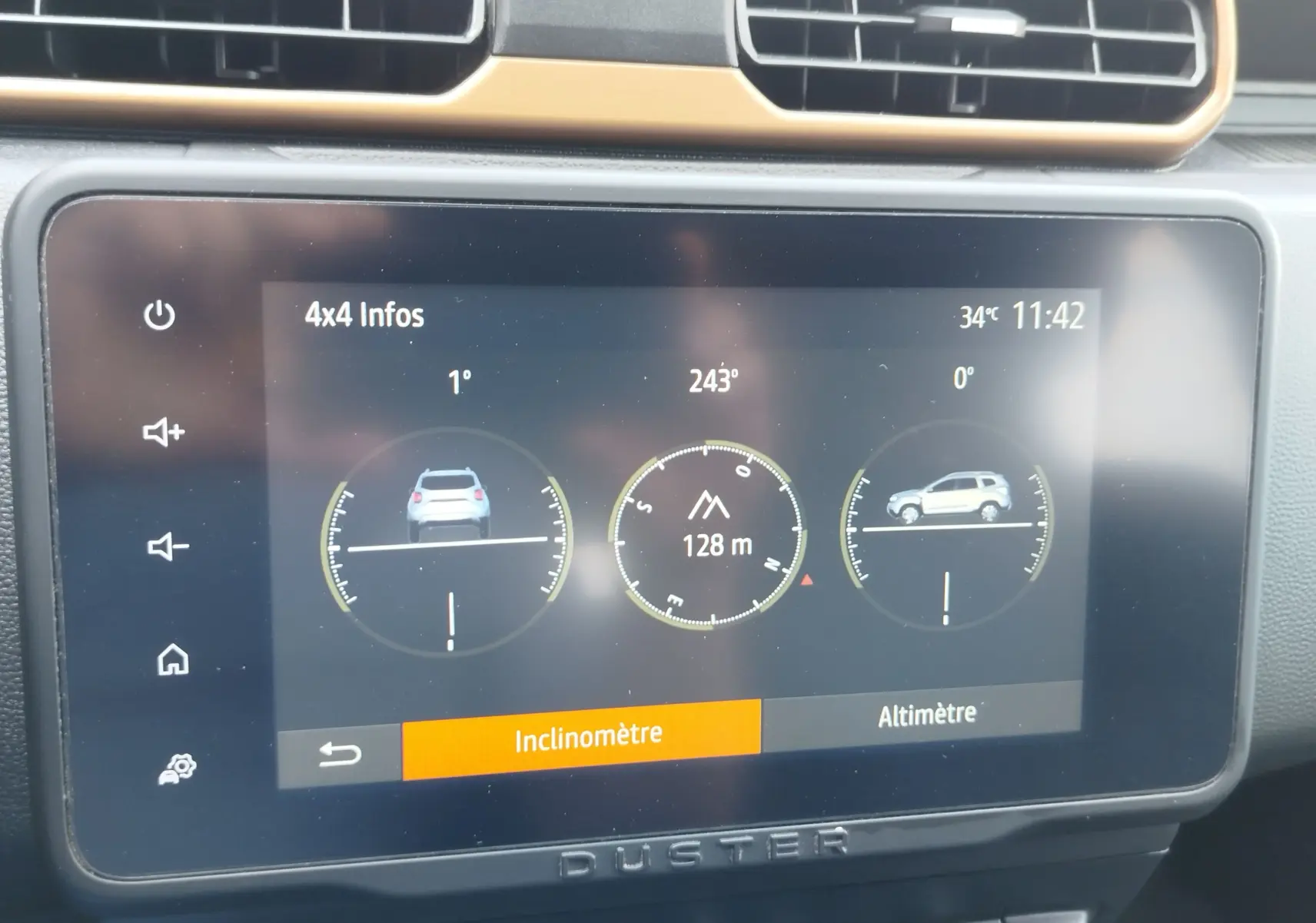 Écran tactile intérieur du Dacia Duster 2024 affichant les infos 4x4 avec inclinomètre et altimètre, tableau de bord noir.