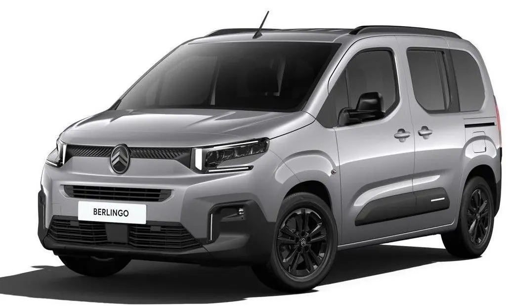 Citroën Berlingo 2025 gris Artense en vue 3/4 avant droit, avec jantes noires et signature lumineuse LED distinctive.