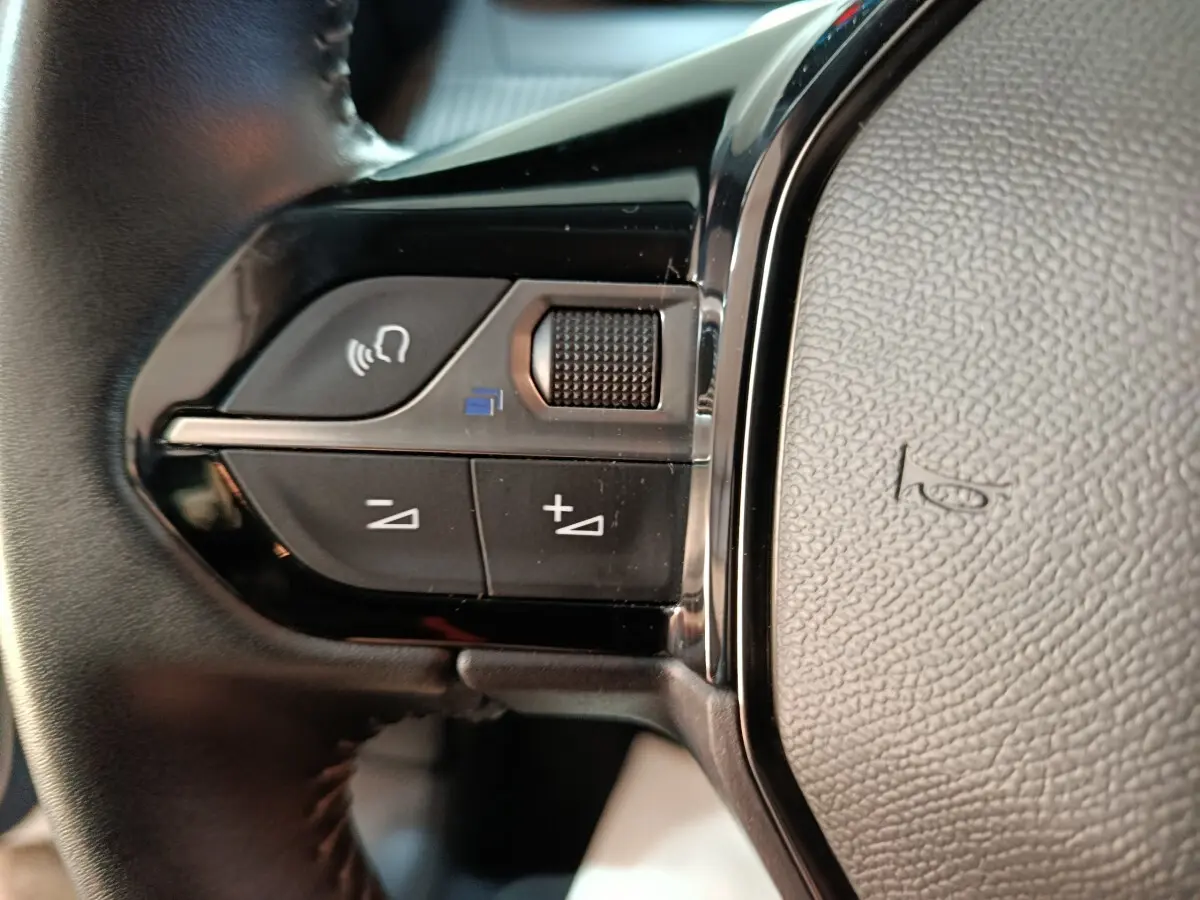 Gros plan sur les commandes gauche du volant cuir noir du Peugeot 208 électrique Active Business 2020.