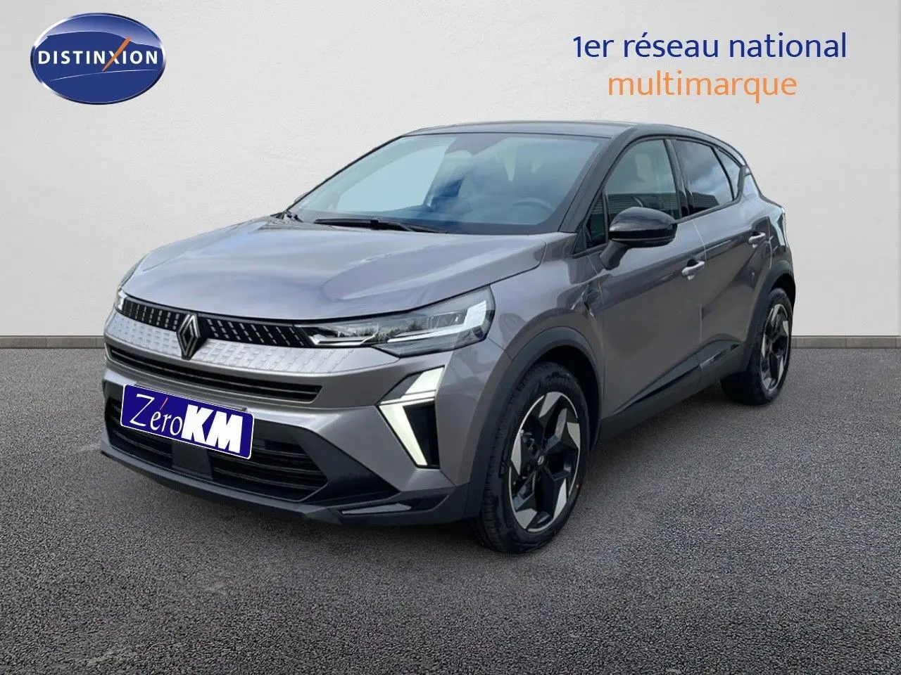 Renault Captur E-Tech hybride gris Cassiopée métal avec toit noir, vue 3/4 avant droit sur fond neutre.