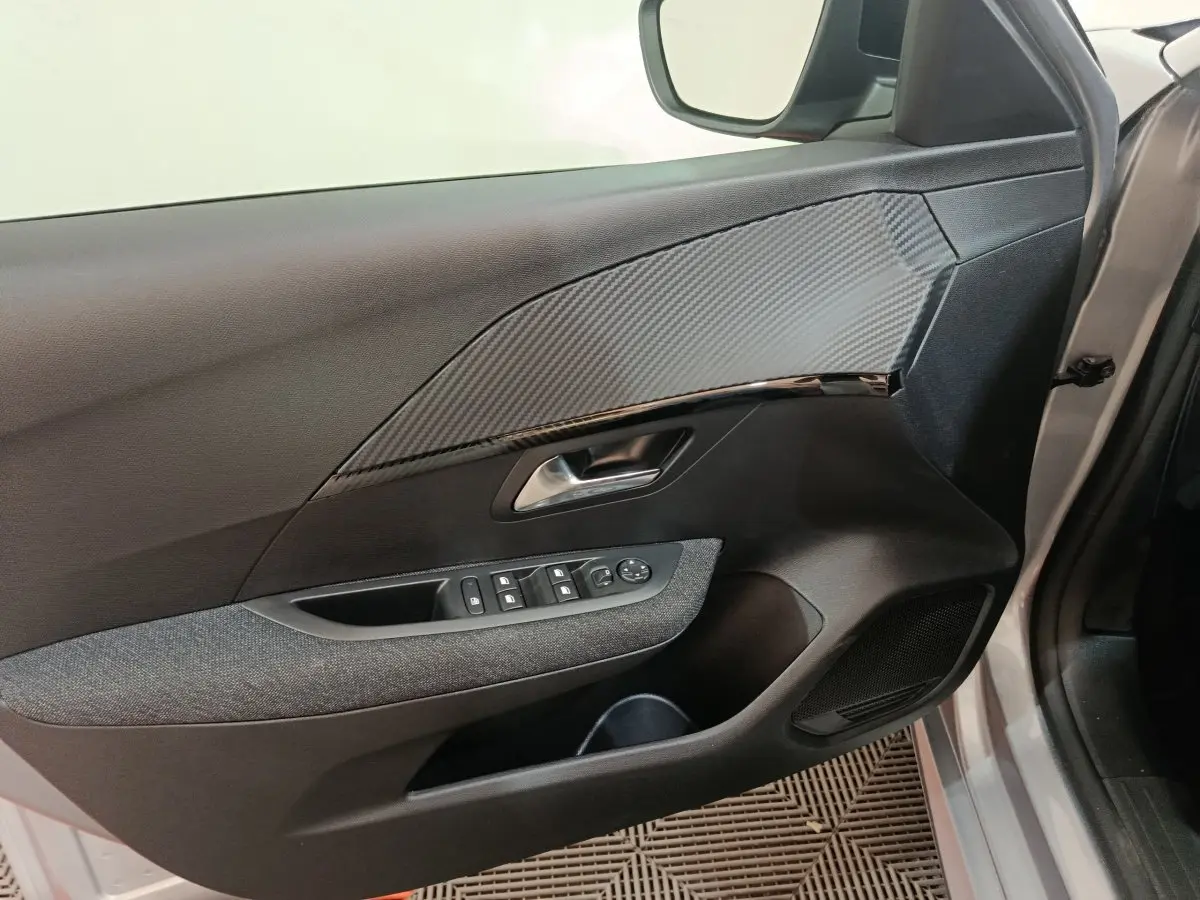 Vue intérieure côté conducteur de la porte grise claire d'une Peugeot 208 Hybrid 2025 avec habillage carbone et commandes électriques.