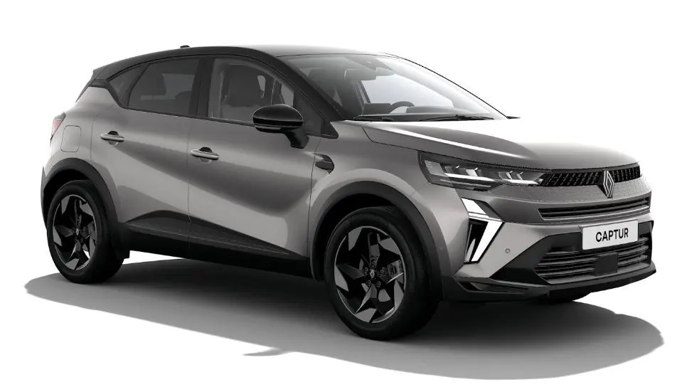 Renault Captur 2025 gris Cassiopée avec toit noir, vue 3/4 avant droit, jantes noires et calandre moderne.
