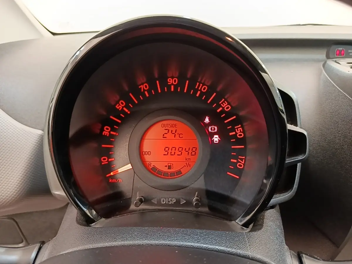Gros plan sur le compteur de vitesse rouge de la Peugeot 108 blanche, affichant 30 948 km et 24°C extérieur.