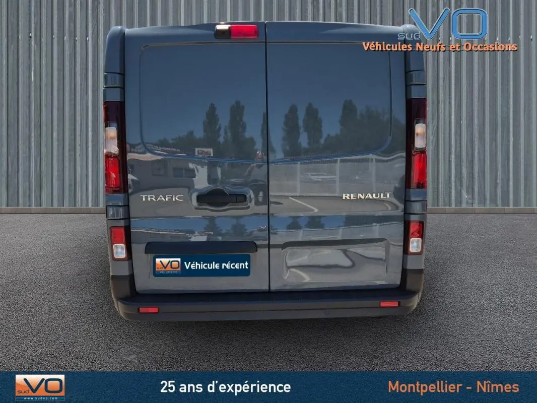 Vue arrière du Renault Trafic Fourgon gris foncé 2023 avec portes battantes et feux verticaux allumés.