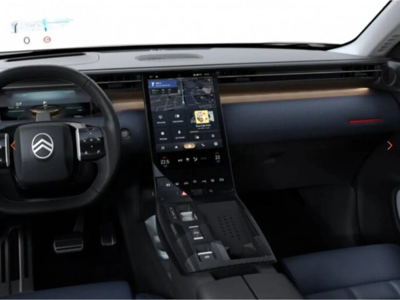 Vue intérieure avant du Citroën C5 Aircross gris, tableau de bord avec écran tactile vertical et volant multifonctions noir.