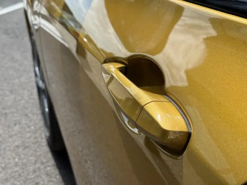 Poignée de porte côté gauche en gros plan sur BMW X2 xDrive25eA 2021 en Galvanic Gold métallisé.