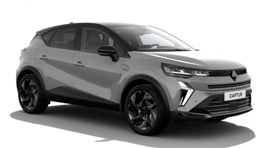 Renault Captur Full Hybrid E-Tech 160 Esprit Alpine gris Rafale avec toit noir, vue 3/4 avant droit mettant en valeur ses optiques LED.