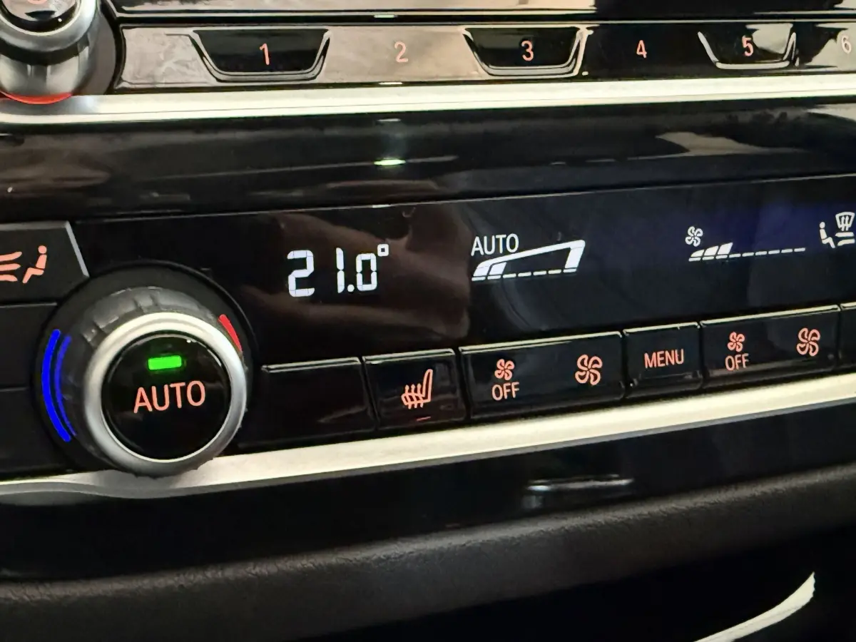 Gros plan sur la commande de climatisation digitale avec affichage à 21°C dans l’habitacle noir d’une BMW Série 5 Touring.