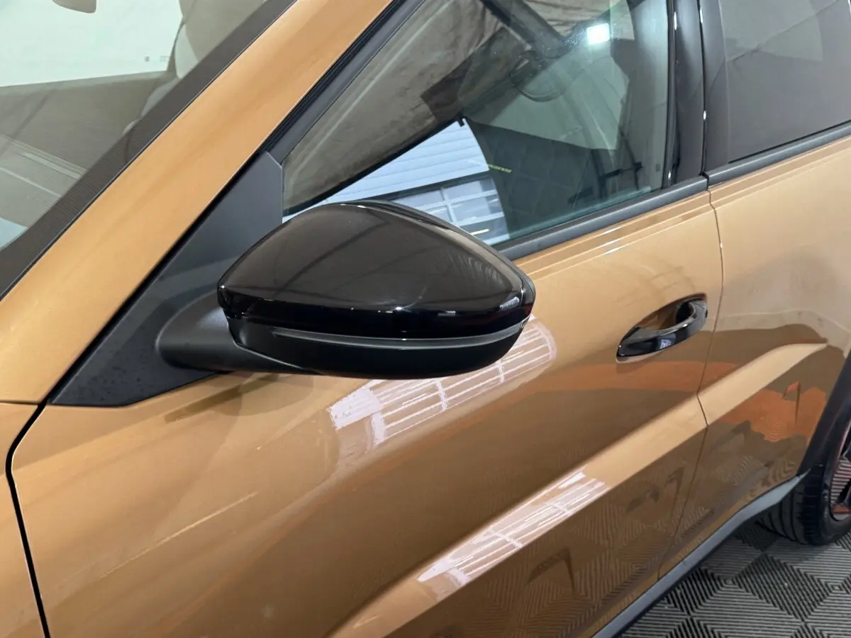 Gros plan sur le rétroviseur noir électrique et la porte marron côté conducteur de la Fiat Grande Panda 2025.