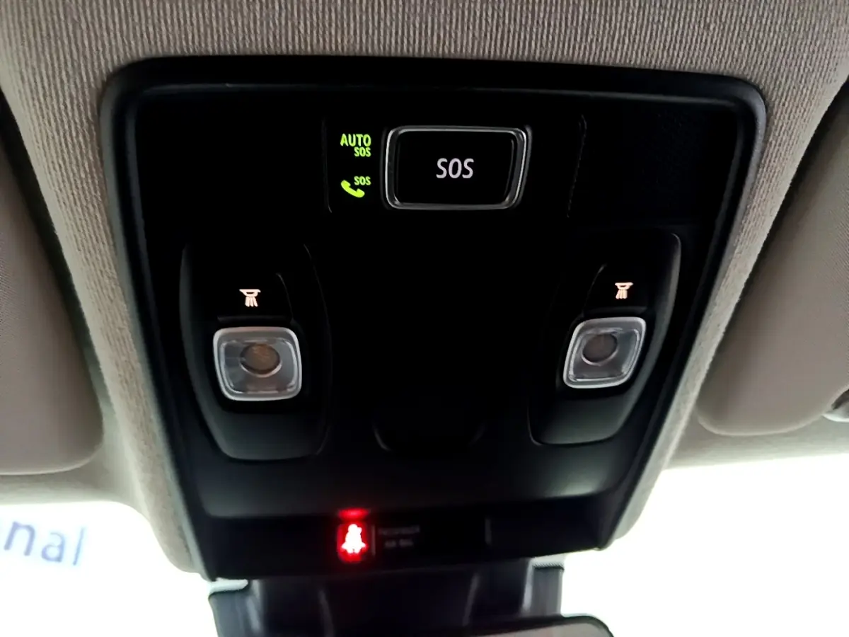 Vue intérieure du plafonnier noir avec bouton SOS et éclairages de lecture dans une Renault Clio blanche Business TCe 100 2020.