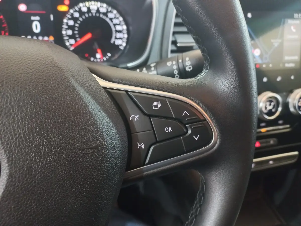 Gros plan sur le volant multifonctions noir de la Renault Mégane Business TCe 115, avec commandes et tableau de bord en arrière-plan.