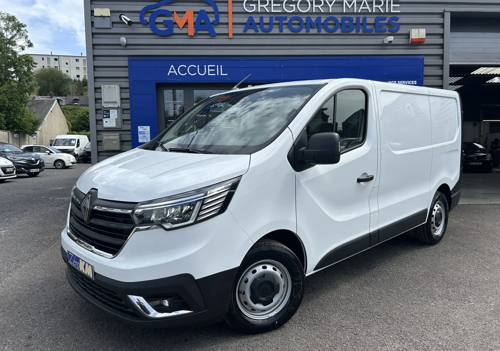 Vue 3/4 avant droit du Renault Trafic Fourgon blanc Glacier, avec calandre noire et projecteurs modernes, devant un garage.