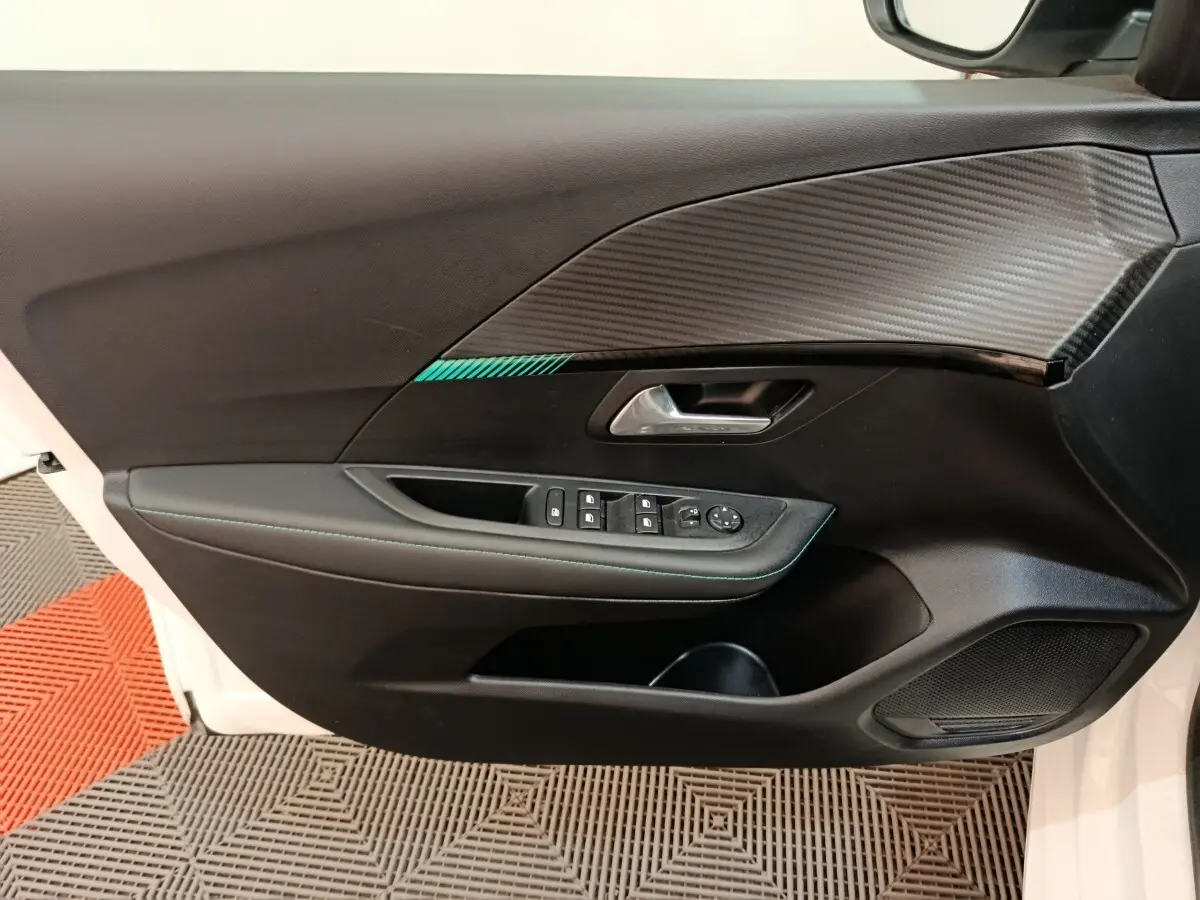 Vue intérieure côté gauche de la porte avant blanche du Peugeot 208 avec garniture noire et insert effet carbone.