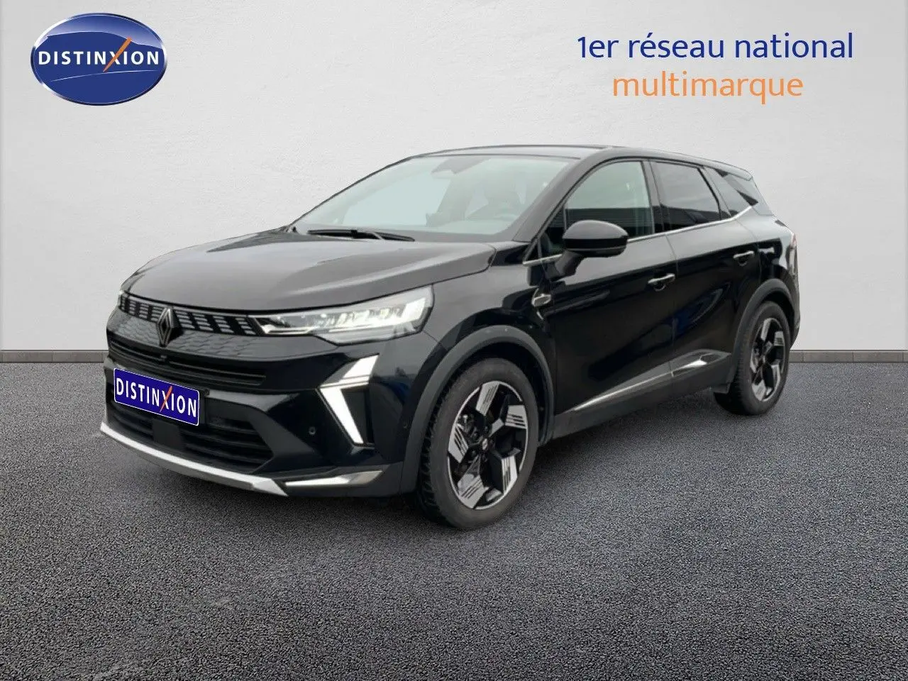 Renault Symbioz noir étoile métal, vue 3/4 avant droit, SUV hybride avec jantes bi-ton et calandre moderne.