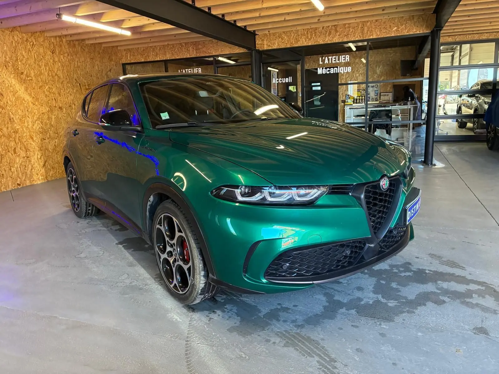 Alfa Romeo Tonale vert foncé en 3/4 avant droit, avec jantes distinctives et calandre triangulaire emblématique.
