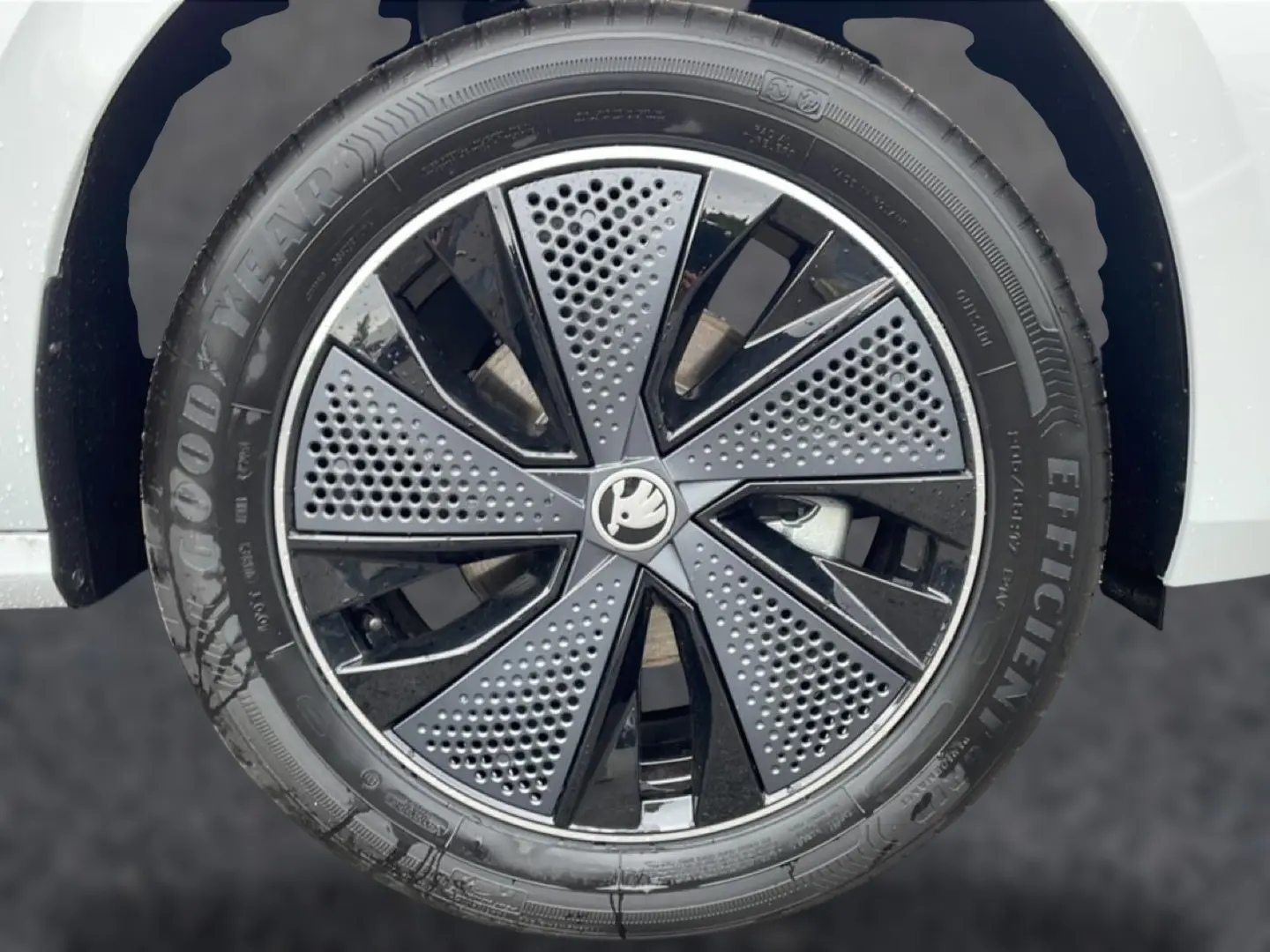 Gros plan sur la jante noire et grise à motifs perforés d’un SKODA KAMIQ blanc nacré, roue avant droite.
