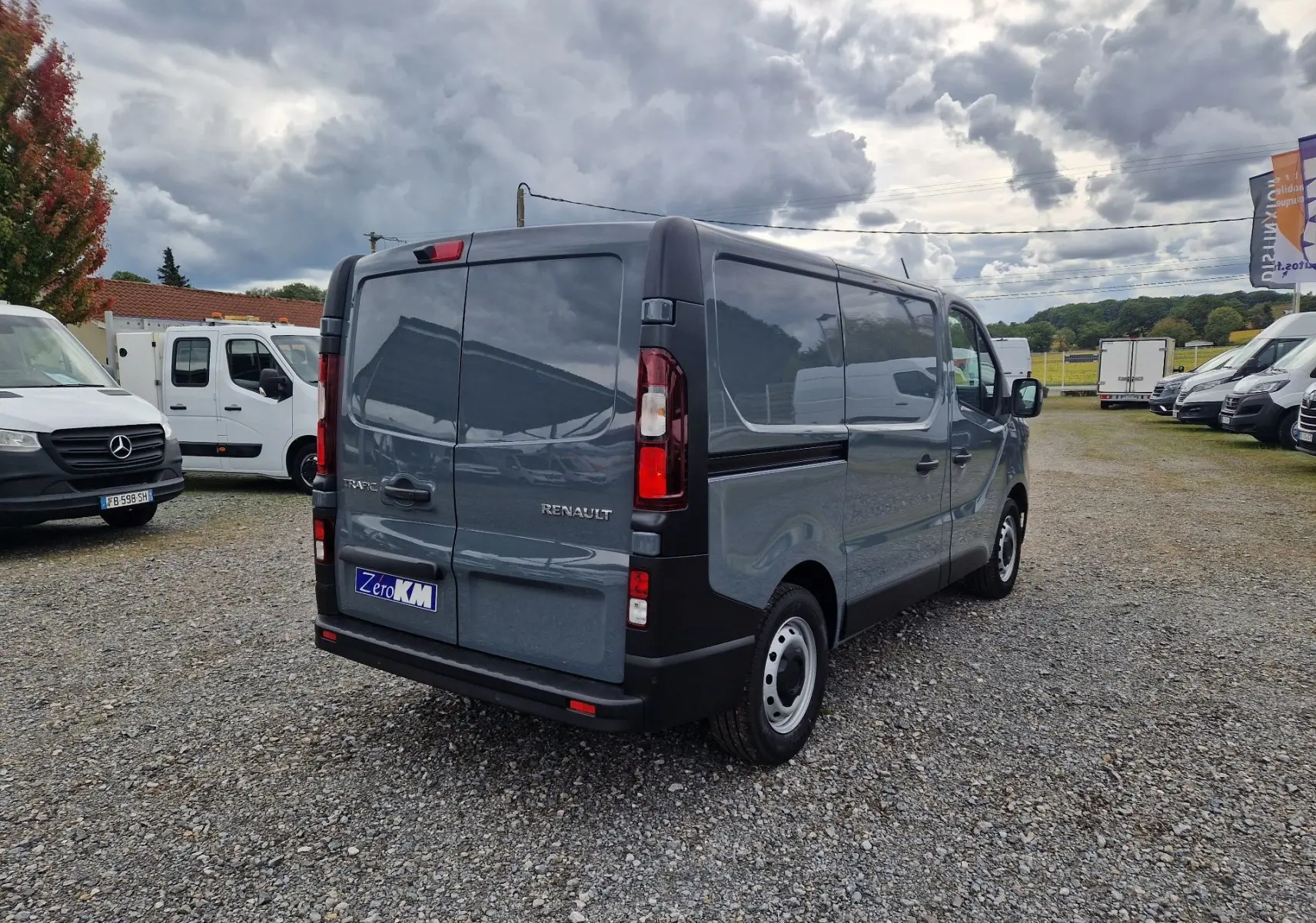 Vue 3/4 arrière droite du Renault Trafic Fourgon gris Highland 2025, avec portes arrière fermées sur parking.