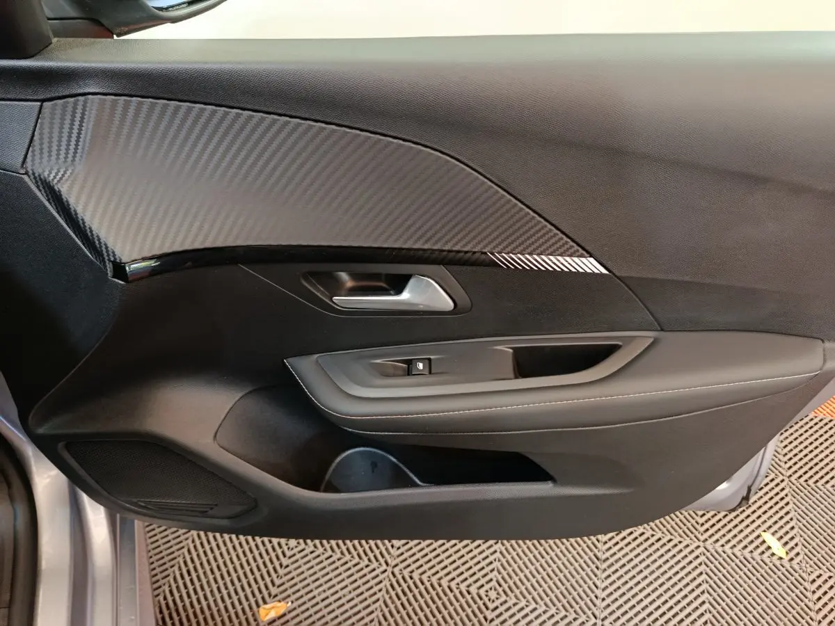 Vue intérieure côté gauche de la porte avant gris clair de la Peugeot 208 avec insert décoratif effet carbone.