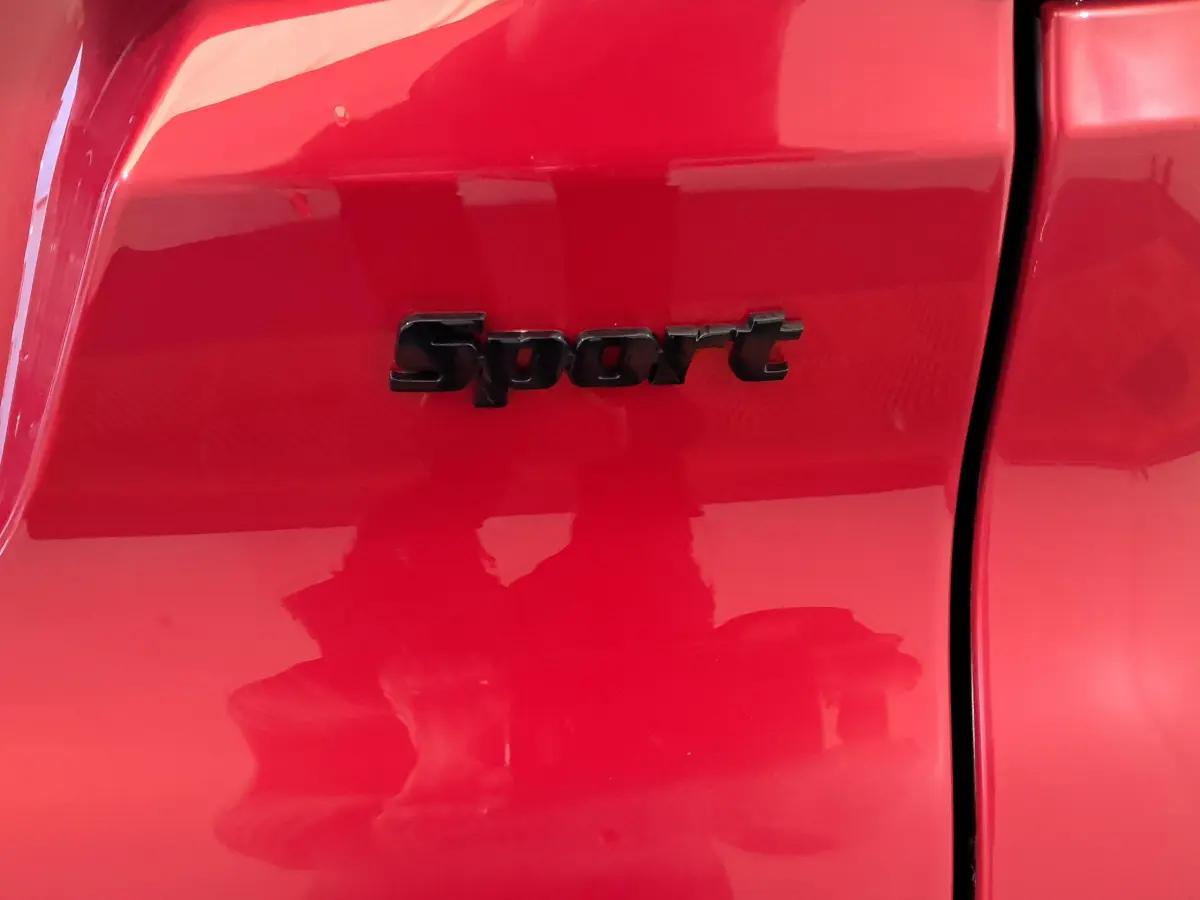 Gros plan sur l'emblème "Sport" noir sur la porte rouge vif de l'AIXAM AMBITION 2025 côté conducteur.