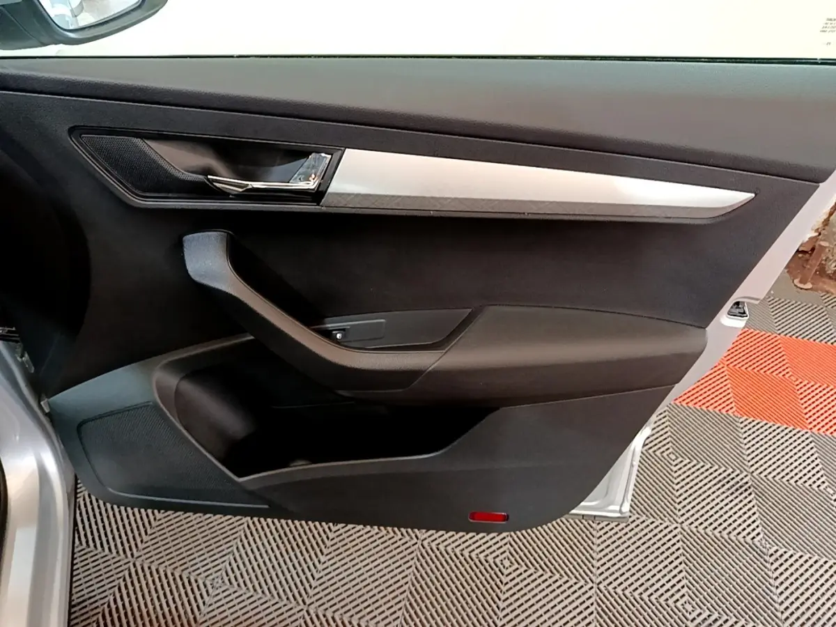 Vue intérieure de la porte avant gauche d’un Skoda Karoq gris clair, avec garniture noire et insert argenté.