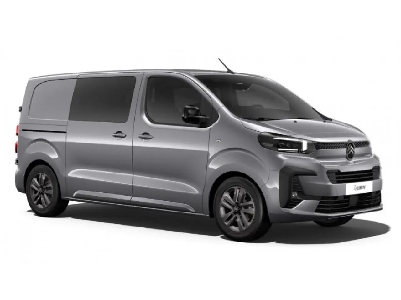 Citroën Jumpy gris en vue 3/4 avant droit avec jantes alliage 17'' et vitres latérales teintées.