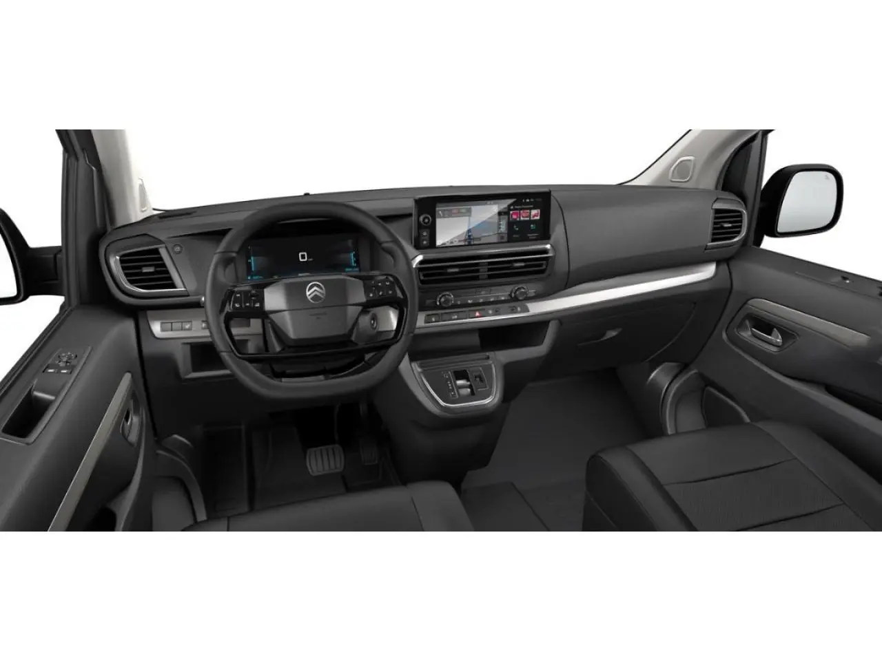Vue intérieure avant du Citroën Jumpy gris 2026, tableau de bord moderne avec écran tactile et volant multifonction.