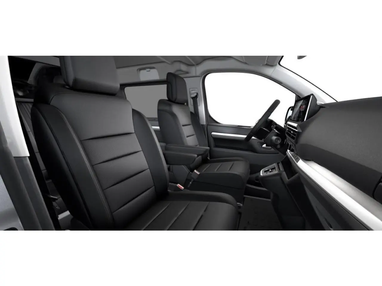 Vue intérieure côté conducteur du Citroën Jumpy 2026, montrant les sièges cuir noirs et le tableau de bord moderne.