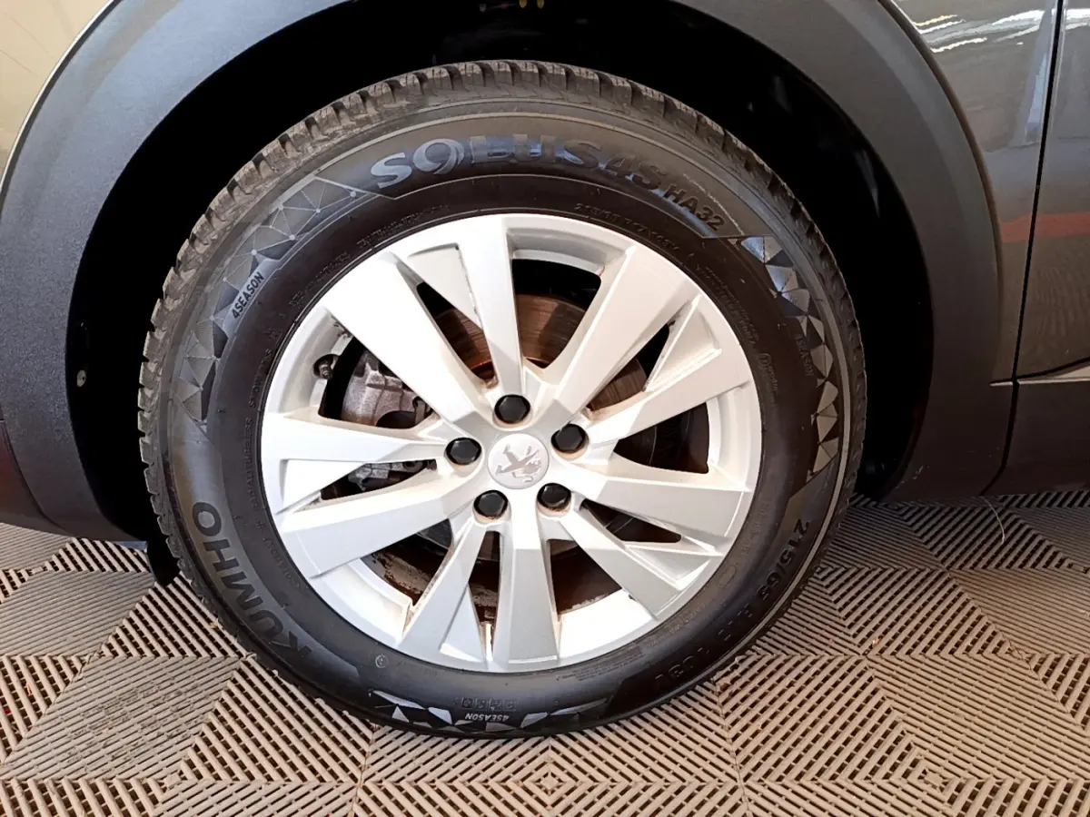 Gros plan sur la roue avant droite d’un Peugeot 3008 gris foncé, avec jante alliage et pneu Kumho.