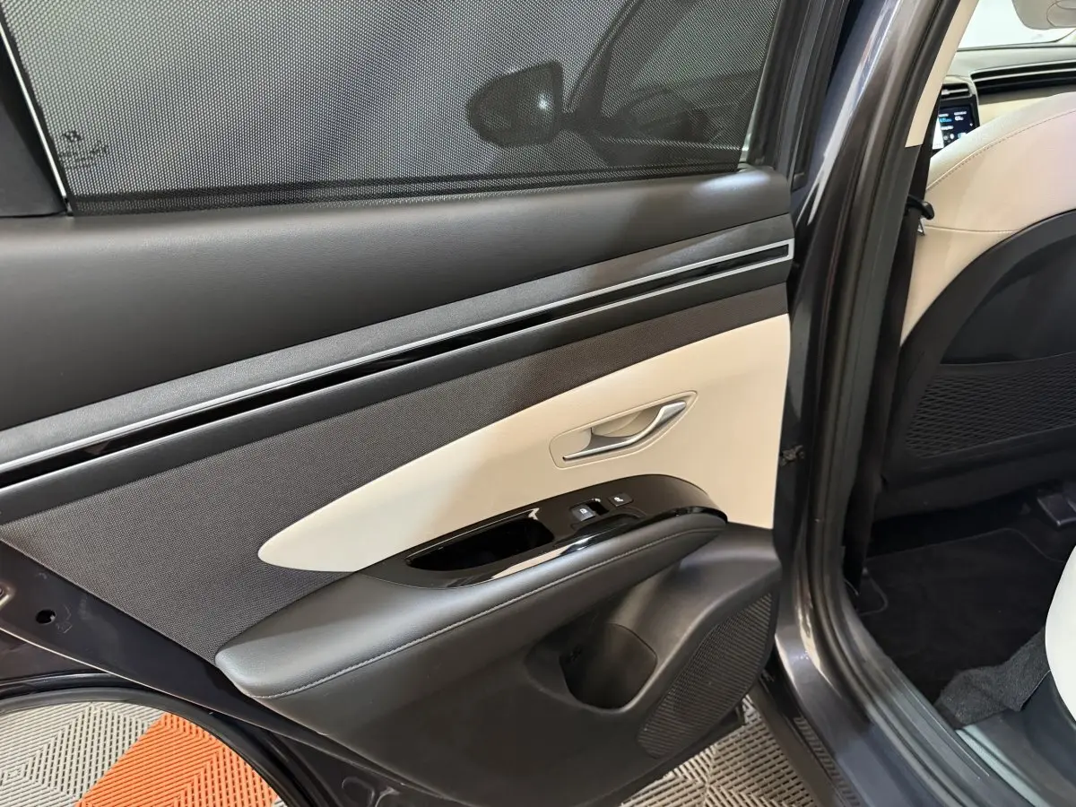 Vue intérieure côté gauche de la porte arrière grise foncée du Hyundai Tucson 1.6 Hybrid 230 Executive avec habillage bicolore.