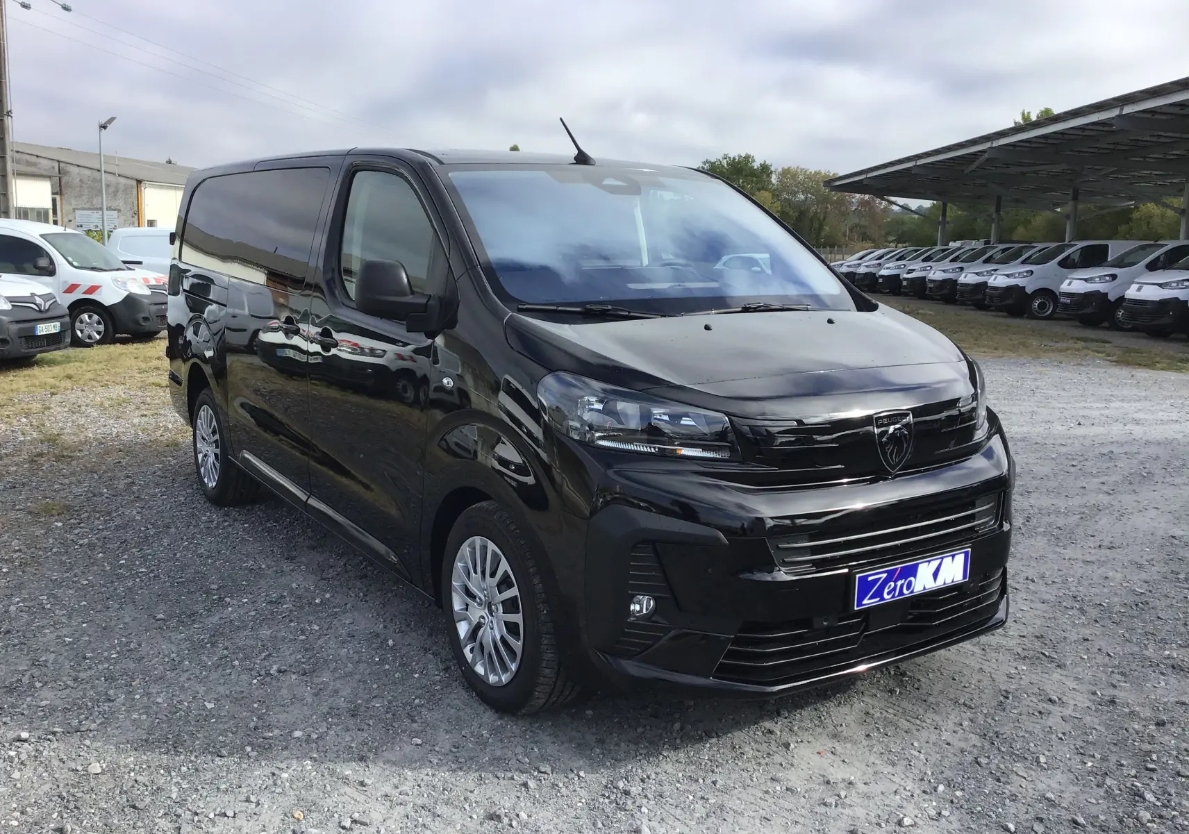Peugeot Expert Cabine Approfondie noir vu en 3/4 avant droit sur parking avec plusieurs véhicules blancs en arrière-plan.