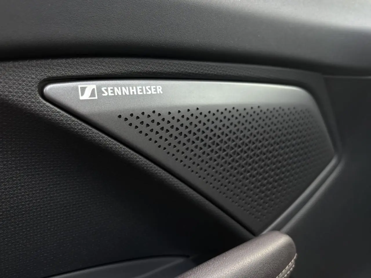 Gros plan sur le haut-parleur Sennheiser intégré à la porte intérieure du CUPRA TERRAMAR 2024 couleur Dark Void.