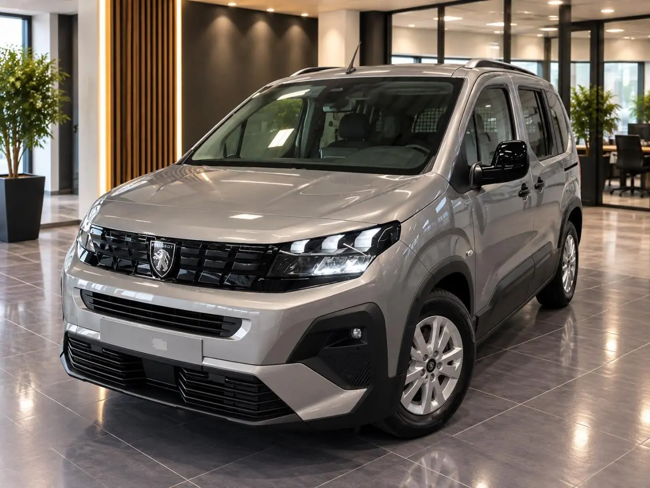 Peugeot Rifter gris Artense en 3/4 avant droit, avec calandre noire et jantes tôles 16 pouces en showroom.