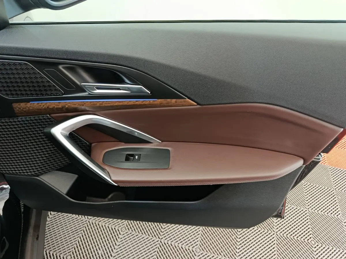 Vue rapprochée de la porte avant gauche du BMW X1 2023, garniture marron avec insert bois et poignée argentée.
