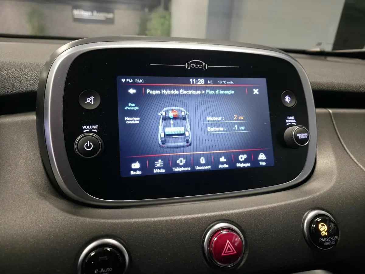 Écran tactile central affichant le flux d'énergie hybride dans l'habitacle d'une Fiat 500X gris 2024
