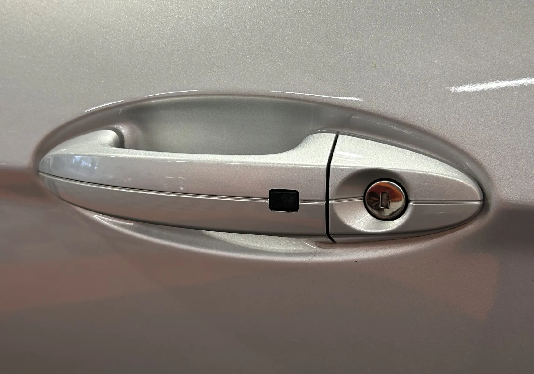 Poignée de porte côté gauche gris métallisé d'un Ford EcoSport 2018 avec serrure et bouton de déverrouillage.