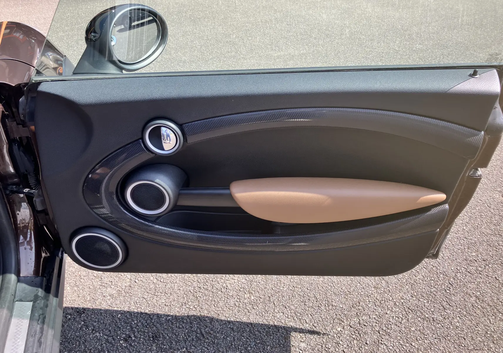 Porte intérieure côté gauche d'une MINI Cooper S R56 marron 2012, avec accoudoir beige et finitions noires.