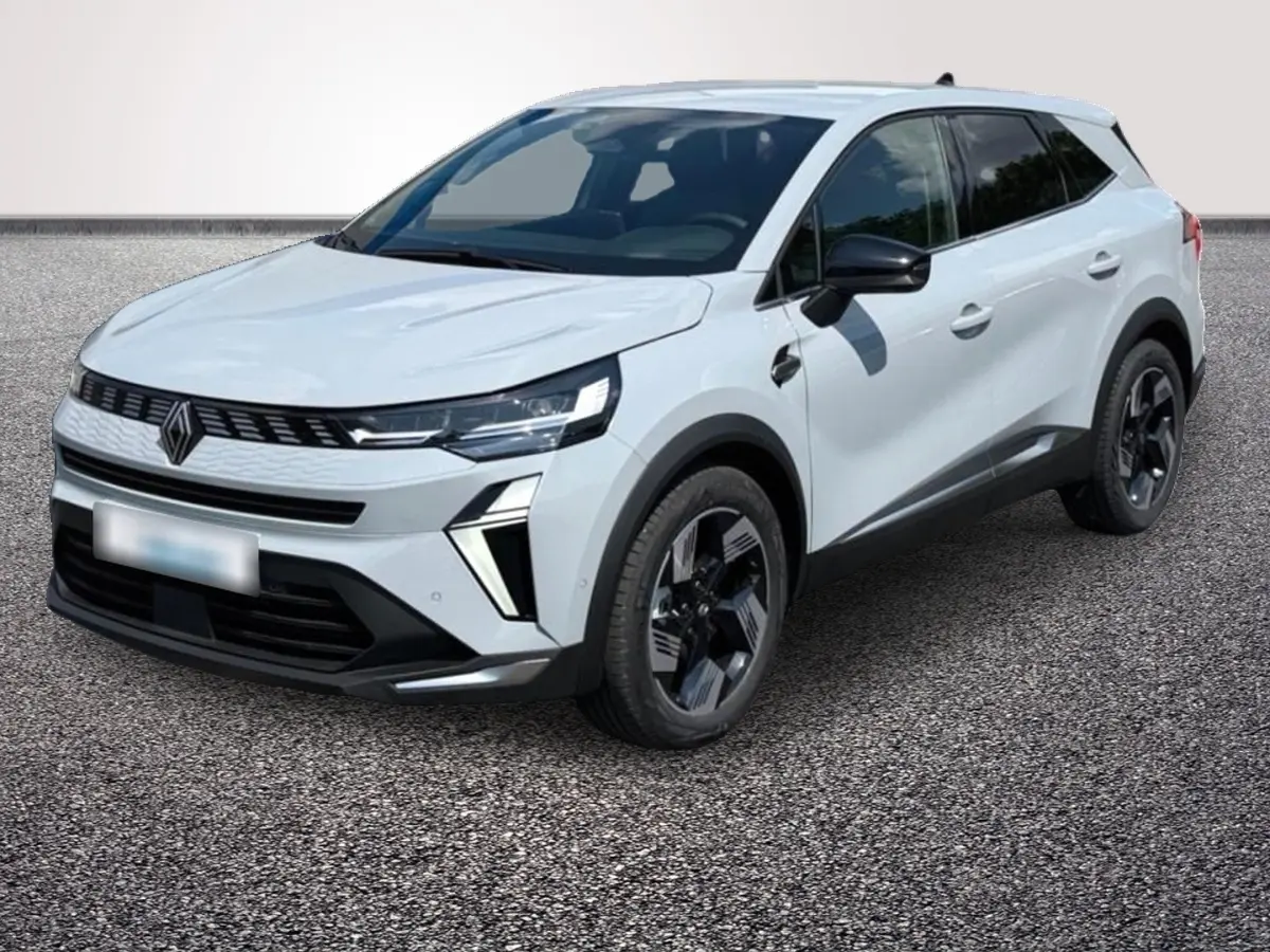 Renault Symbioz gris clair en 3/4 avant droit, avec calandre noire et jantes au design moderne.