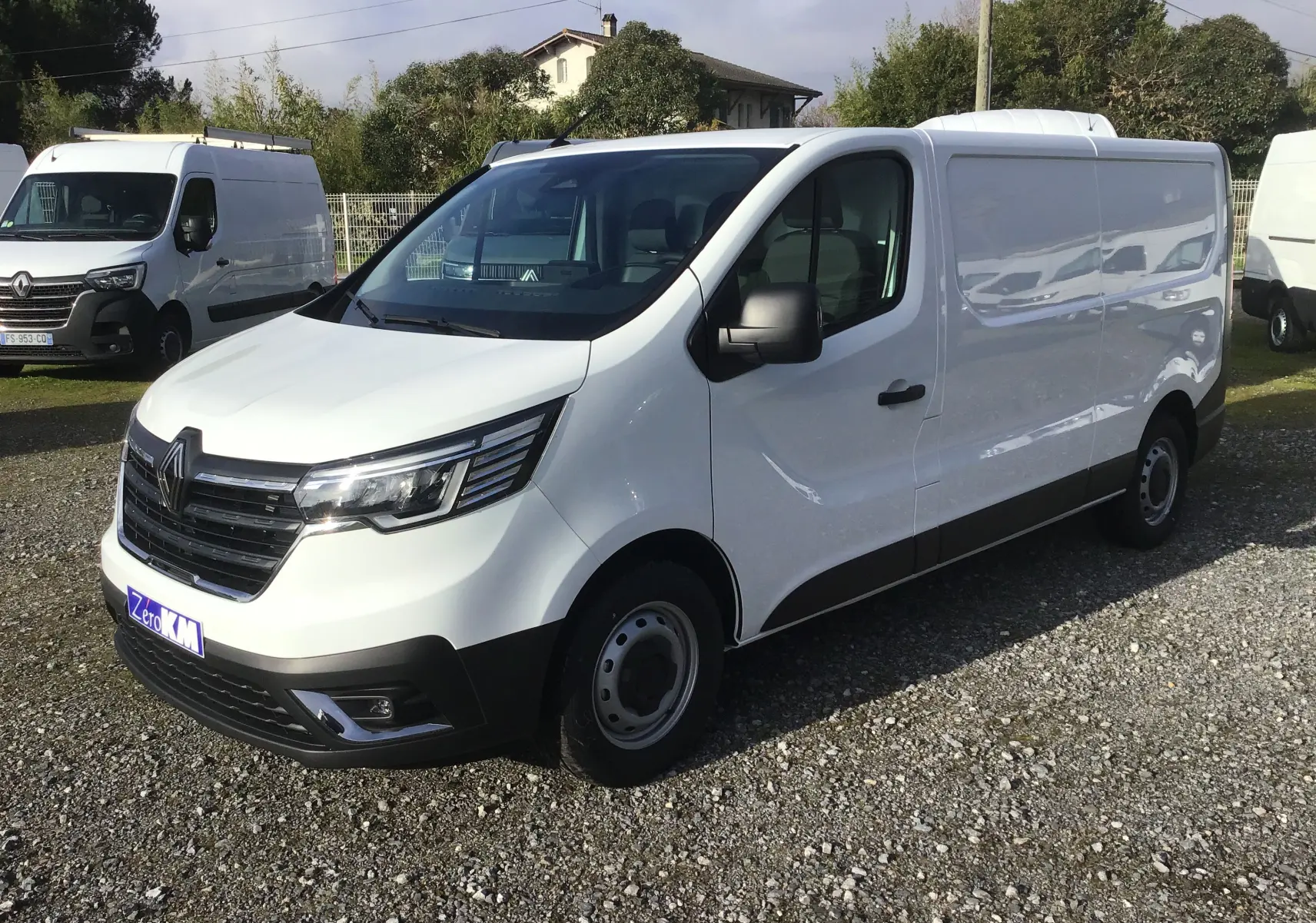 Renault Trafic Fourgon blanc vu en 3/4 avant droit, avec calandre noire et phares LED distinctifs.