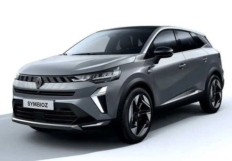 Vue 3/4 avant droit du Renault SYMBIOZ gris Rafale avec calandre moderne et jantes noires bicolores.