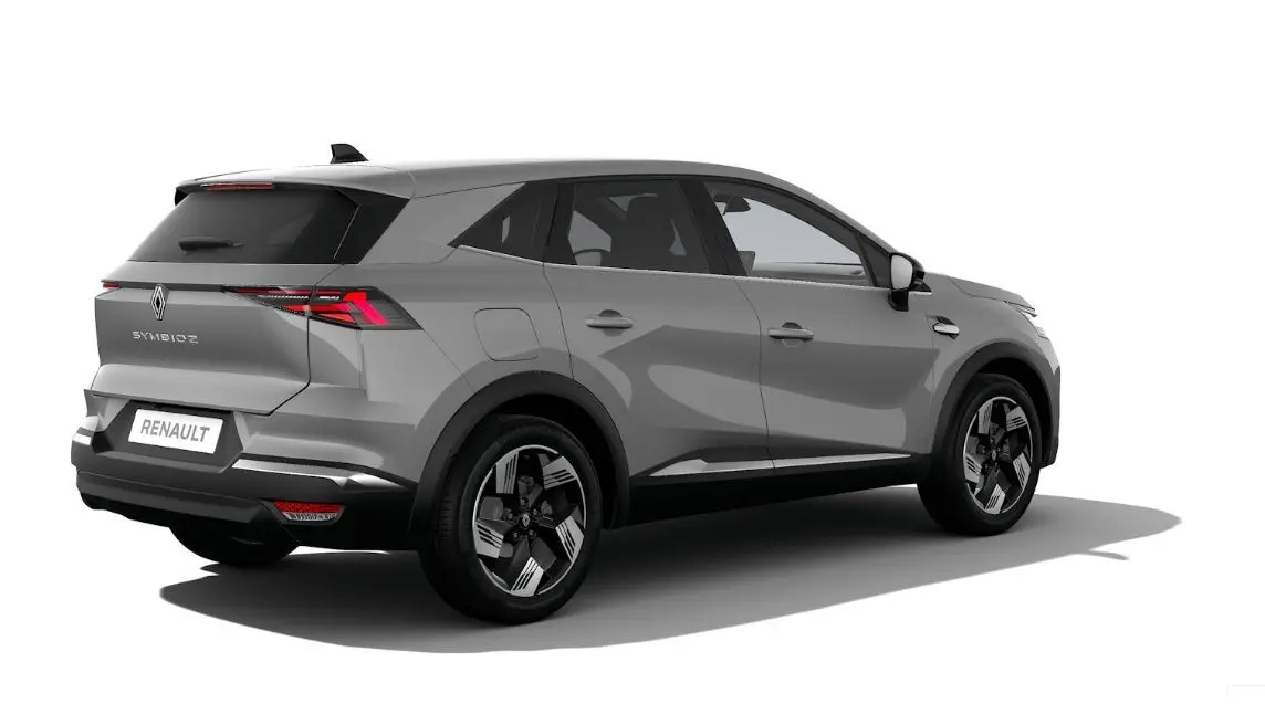 Renault Symbioz gris Rafale vu en 3/4 arrière droit, soulignant ses feux arrière LED et ses jantes bicolores modernes.