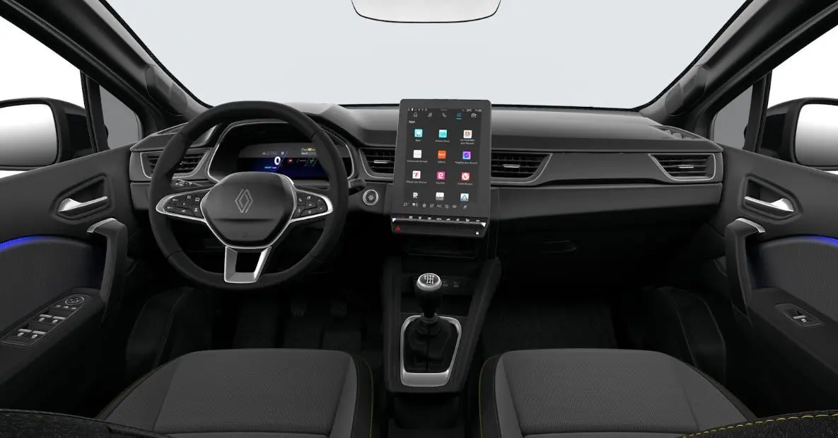 Vue intérieure frontale du tableau de bord noir du Renault Symbioz 2025 avec écran tactile vertical et volant multifonction.